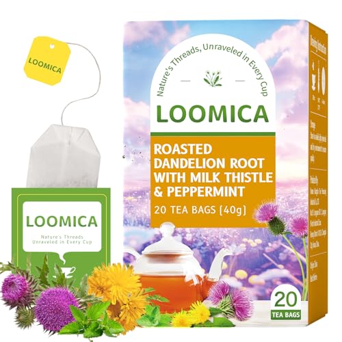 Image of LOOMICA Roasted Dandelion Root with Milk Thistle & Peppermint, Caffeine Free, with Toasted Nutty Flavor, Wellness Support Herbal Blend, Coffee Alternative, Bold & Smooth, 20 Count