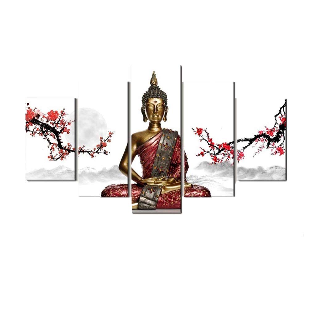 Toile non tissée Bouddha et fleurs créez un salon zen avec ce tableau 5 pièces