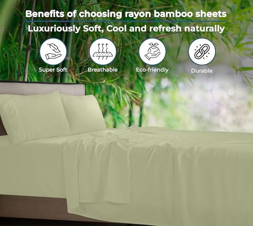 Image of Royale Linen Bamboo Viscose Queen Sheet Set - Cooling Bed Sheet Set - 1 Fitted 1 Flat & 2 Pillowcase - Fits Up to 16 - Organic Viscose Derived from Bamboo - Bedding Sheet &Pillowcase (Queen,SageGreen)