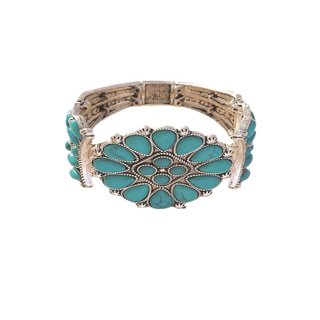 Olsen Twins Boho Turquoise Squash Blossom Bangle Bracelet Women Vintage Silver Bohemian Stone Flower Statement Bangle