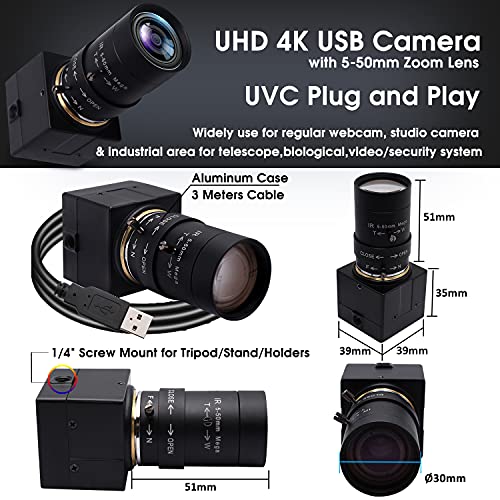 Svpro Webcam 4K UHD USB cámara de zoom óptico 10X con objetivo varifocal de 5-50 mm, cámaras de alta definición de 3840x2160 para ordenador/portátil/sobremesa, videocámara USB con sensor Sony IMX415 - imagen 6