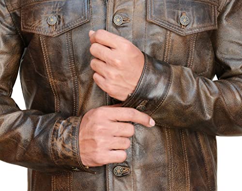 Men's Brown Trucker Vintage Motorcycle Western Biker Slim Fit Genuine Leather Trucker Jacket4