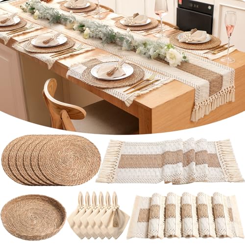 Gandeer 6 Sets Boho Decoration Placemats Round Woven Placemats Cloth Napkins Wood Bead Napkin Rings Long Table Runner and Farmhouse Burlap Cotton for Table Kitchen (Khaki 12x72)