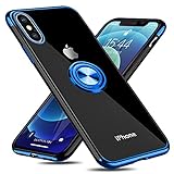 iPhone XS 用 ケース/iPhone X 用 ケース リング付き クリア 耐衝撃 スタンド機能 透明 TPU 車載ホルダー対応 落下防止 防塵 薄型 軽量 一体型 変形防止 全面保護カバー アイフォン用 ケース 青 W-YXZH-2-05