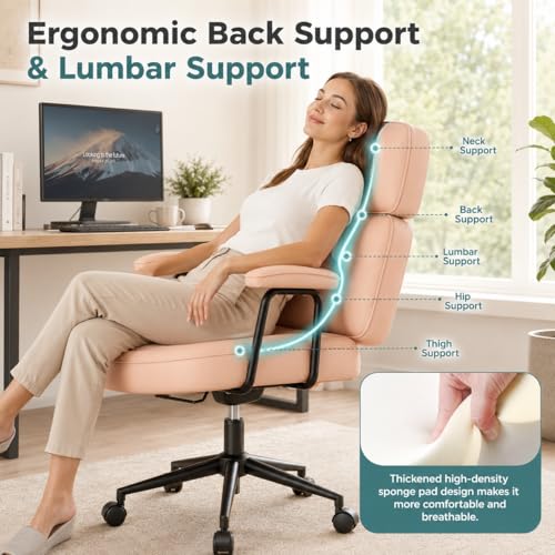 Image of Ergonomic Home Office Desk Chair, PU Leather Computer Chair with Lumbar Support, Adjustable Height, 360 Swivel Rolling Wheels, Executive Task Chair for Office, Gaming, Meeting Room, Pink