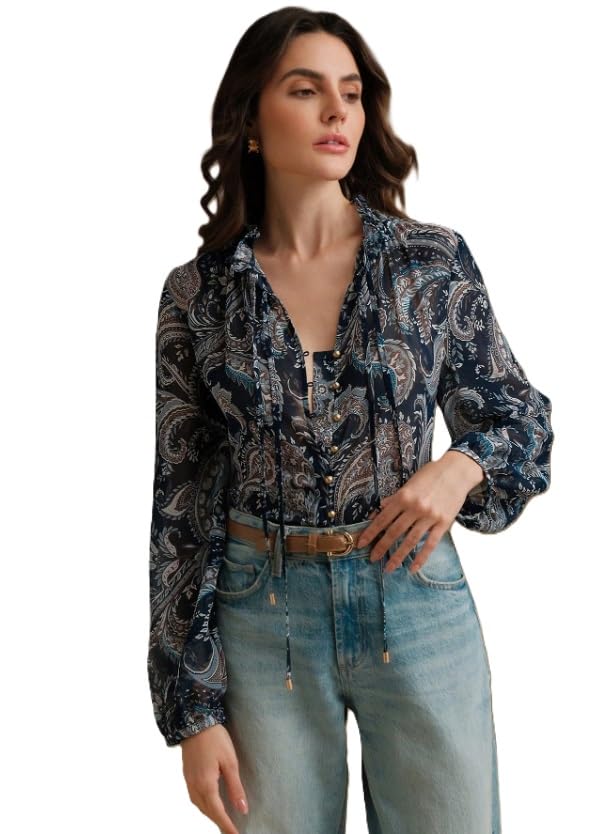 Image of Women Shirt ||Women Top || Cecily Paisley-Trim Button-Front Shirt (S-01-04)