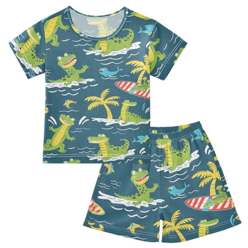 ALAZA Crocodile Surfer Palm Tree Pajamas Short Sleeve 2 Piece Sleepwear Top and Bottom Pajama Set Unisex