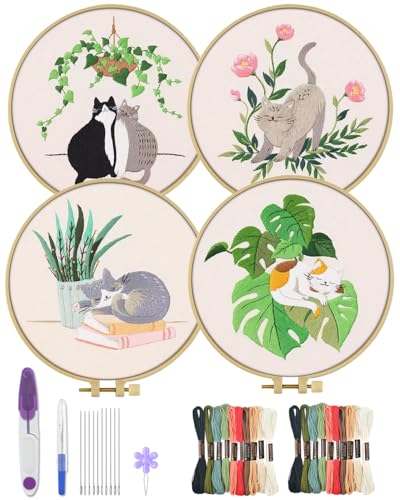 ERKOON 4 Sets Embroidery Kit for Beginners Hummingbird and Flower Cross Stitch Set for Include Embroidery Cloth Hoops Threads for Craft Lover Hand Stitch (Cat)