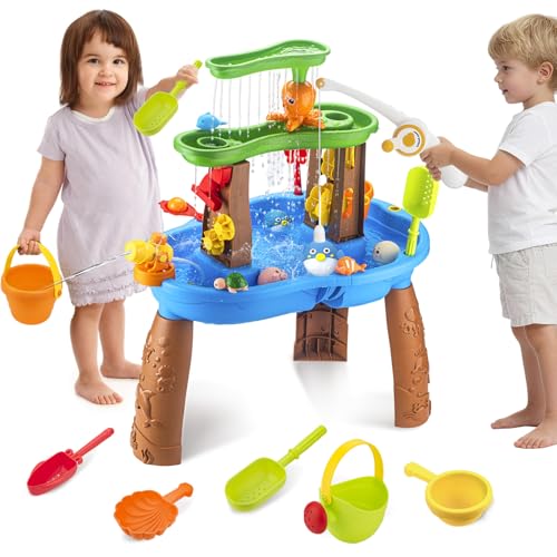 ZACEAC Water Table for Toddlers 3-5 Outdoor Toys for Kids Ages 4-8 3-Tier Kids Sand Water Tables with Fishing Game Set Activity Sensory Table Summer Gift Beach Outside Toys for Toddler Boys
