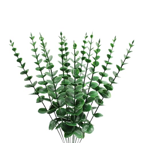 ABAJI Plastic Eucalyptus Deep Green Stems 12 Fake Faux Decorations Artificial Leaves Greenery Plant Leaf Home Office House Table Desk Decor Wedding Party Vase Forever Live