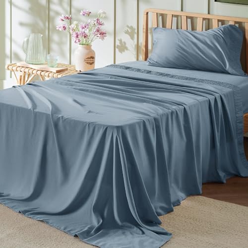 Image of Bedsure Twin Sheets Set - 3 Pieces Soft Twin Bed Sheets - Breathable & Cooling - Hotel Luxury - Easy Care Polyester Microfiber Bedding for Women, Men, Mineral Blue