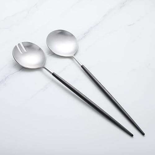 Zerophilo Juego de servidores de ensalada, cuchara y tenedor de 11.41 pulgadas, acero inoxidable 1810, chapado en titanio (negro plateado)