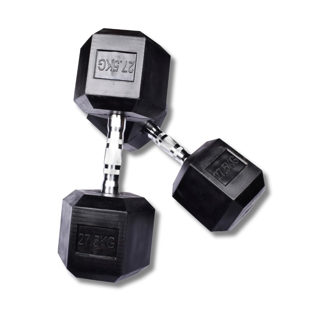 Exersci Hex Dumbbells Rubber Encased Dumbbell Pairs 27.5KG - Bicep Curls, Shoulder Press, Dumbbell flies, Home Gym, Fitness