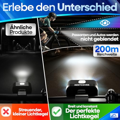 NEXTCOVER® Fahrradlicht Set mit [VisionOne] LED Set I USB-C aufladbar & wasserdicht I StVZO zugelassen I Fahrrad Licht vorne I Fahrradlampe & Fahrrad Rücklicht, Fahrradbeleuchtung Akku, Licht Fahrrad