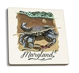 Maryland, Blue Crab, Watercolor, Contour (Absorbent Ceramic Coasters Set of 4 Matching Images, Cork...