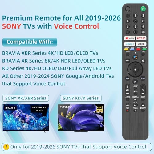 Image of Replacement for Sony TV Remote, for All 2019-2026 Sony Remote Control for Bravia Smart TV with Voice Control. for Bravia XR /XBR /KD /K Series Google /Android TVs. 1-Year Warranty.