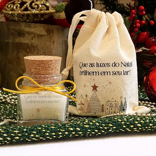 Lembrança de Natal: Vela Vidro CUBO 40g arte dourada com saquinho personalizado (10)