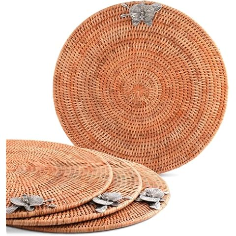 Vagabond House Round Wicker Placemats with Pewter Orchid Accent, Set of 4, 15.5 Inches Diameter - Hand-Woven Rattan, Elegant and Durable, Perfect for Enhancing Table Decor and Protection Cover