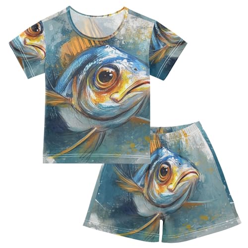 ALAZA Vintage Fish Pajama Set Short Sleeve Sleepwear Soft Lounge Nightwear