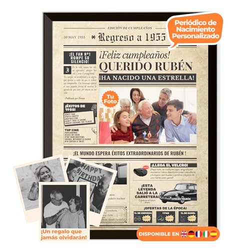 Periódico de cumpleaños 1955 - póster personalizado año nacimiento con foto, nombre y mensaje - regalo original para hombre o mujer 71 años - estilo vintage con marco opcional - recuerdo inolvidable