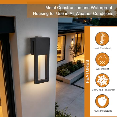 Image of Set of 2 Dusk to Dawn Outdoor Wall Lights, Custom Mold Black Exterior Wall Mount Lamp, 110V Hardwired IP65 Weatherproof Exterior Lighting Fixtures for House Yard Backyard Balcony Entryway