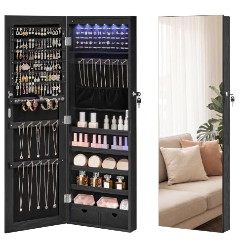 Image of SONGMICS HOME Mirror Jewelry Cabinet, Lockable Hanging Jewelry Organizer with Full-Length Mirror, Door or Wall Mounted Storage Cabinet, Interior LED Lights, Black