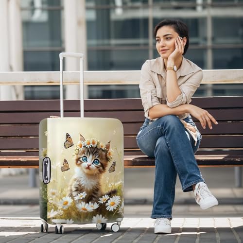 Image of Cute Cat and Butterflies Luggage Cover for 24-26 Inch Suitcase - Colorful Floral Travel Protector with Daisy and Meadow Design - Stretch Washable Luggage Sleeve,M