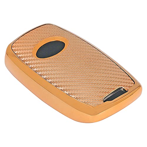 Image of JVCV Soft TPU Carbon Fiber Style Car Key Cover Compatible with Kia Seltos Sonet Carens 3 Button Push Start Car Key (Gold)