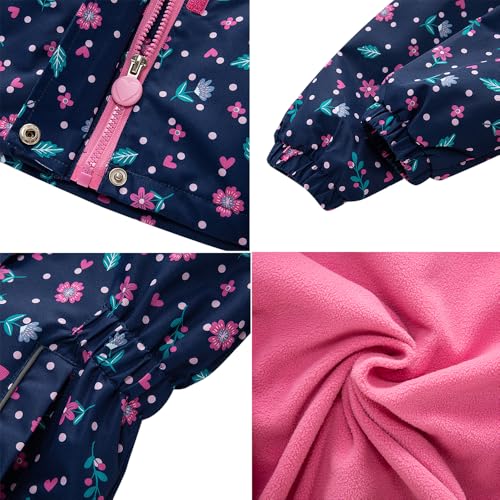 Image of Girls Rain Jacket Kids Hooded Raincoat Windbreaker with Fleece Lining