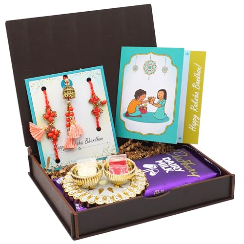 UtsaWe Bhaiya Bhabhi Rakhi Gift Box with Designer Red and Gold Rakhi, Roli, Chawal, Personal Card, Thali Set, and a Chocolate| Exquisite Rakhi Set (Red Beads Family Rakhi)