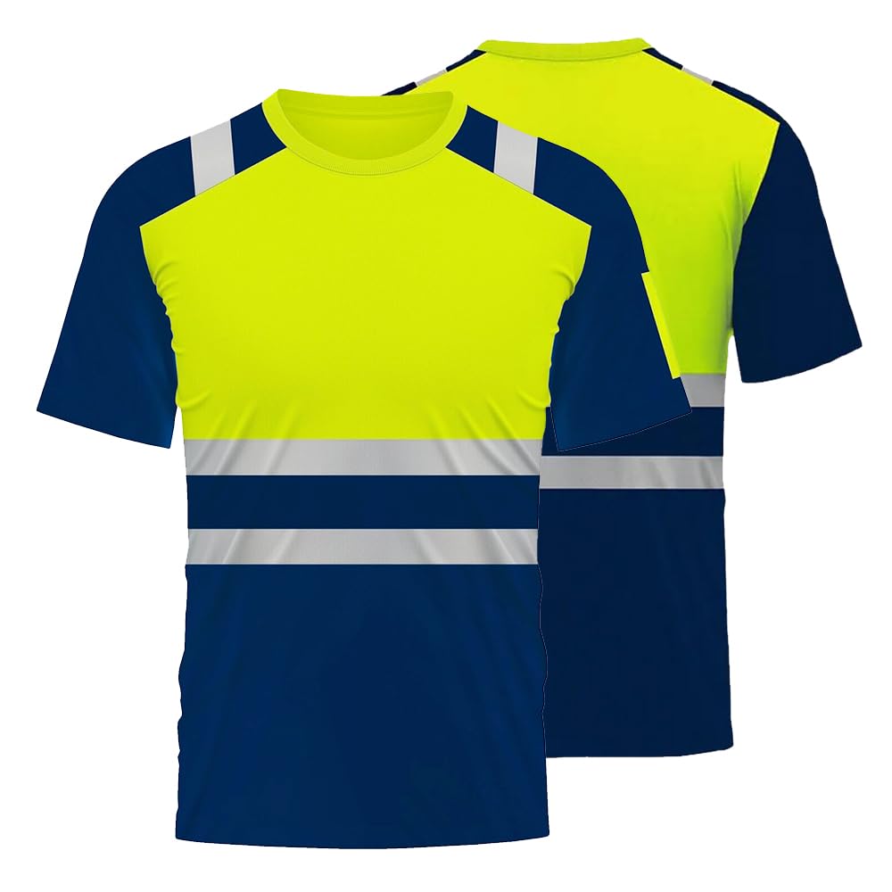Two Tone Yellow Navy Blue Short Sleeve Safety T-Shirts Reflective for Men High Visibility Orange Navy Work Shirts
