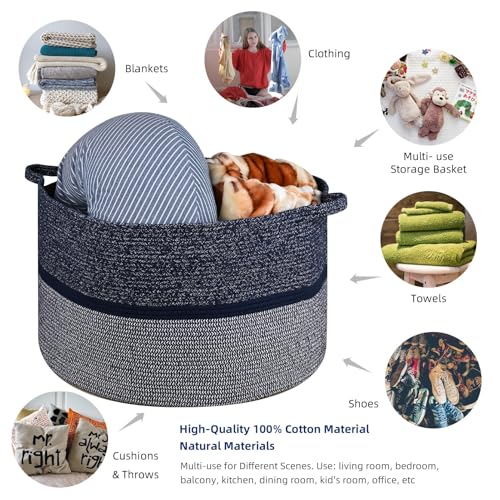 Image of Handmade Large Cotton Rope Storage Basket, Cotton Rope Basket for Blankets, Woven Storage Bin for Bedroom Nursery, Clothes Hamper for Laundry, Large Laundry Hamper, 86L Tall Laundry Basket Blue
