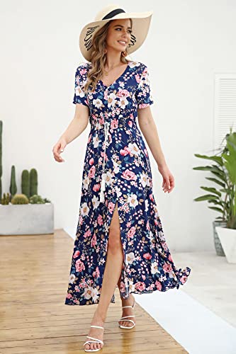 Image of VintageClothing Women's Floral Maxi Dresses Boho Button Up Split Summer Casual Long Dress Beach Party Dress