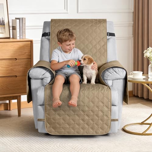 Image of TAOCOCO 100% Waterproof Recliner Covers, Recliner Sofa Covers with Leg Straps, Reversible Recliner Couch Cover for Reclining Chair, Washable Couch Protector for Pets Kids(1 Seater 28 inch, Camel)