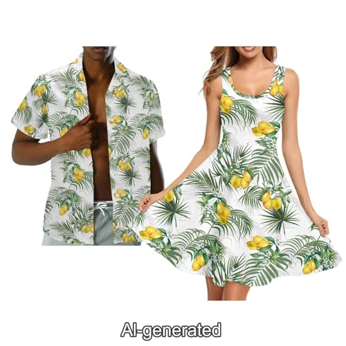 Image of Dreaweet Summer Dresses for Women A-Line Sleeveless Flowy Sun Dresses,Men's Casual Button-Down Shirts,Couple Matching Outfits