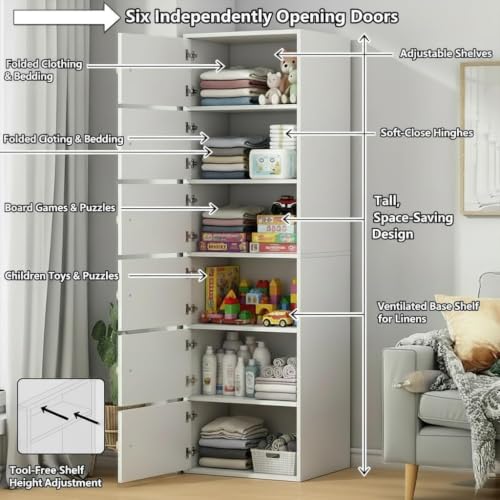 Image of EXVITO Engineered Wood Wardrobe for Bedroom | Foldable 6-Shelf Wooden Storage Cabinet | Cupboard Almirah for Clothes | Collapsible Wardrobe | Digital Heavy PC Game Cabinet - White