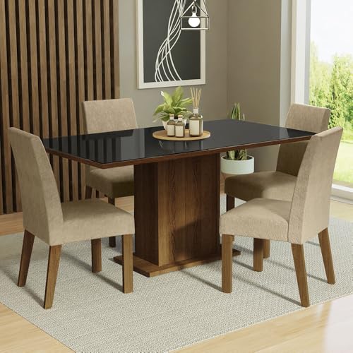 Image of Madesa 4 Seater Dining Set Rectangular Glass Table Top Sturdy Wooden with Fully Cushioned Seats 160 Cm for Dining Room and Kitchen - Brown /Gray /Beige