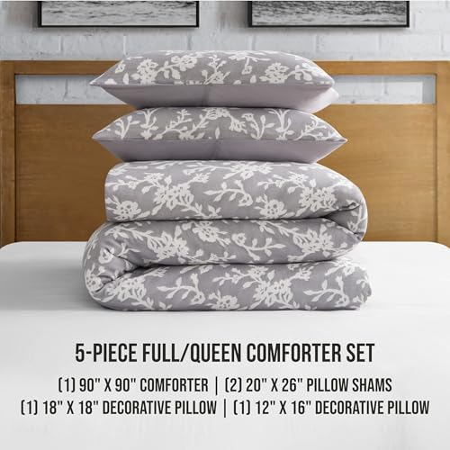 Lucky Brand Fiora Floral Grey Comforter Set with Pillows - Full/Queen Size - 5 Piece Luxurious Bedding Ensemble