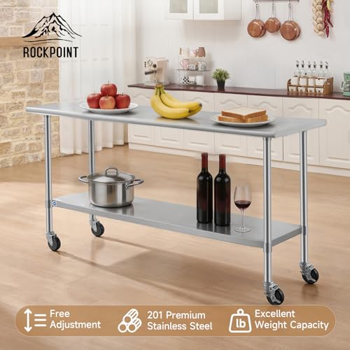 Image of ROCKPOINT All Stainless Steel Prep Table with Caster 24x72 Inch, Commercial Heavy Duty Workbench with Stainless Legs & Adjustable Undershelf, 890 lb Capacity for Outdoor Kitchens with Wheel
