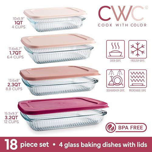COOK WITH COLOR 8-Piece Deep Glass Baking Dish Set with Plastic Lids – Casserole and Food Storage Containers for Lasagna, Leftovers – Freezer-to-Oven, Microwave & Dishwasher Safe, Fluted Rose by COOK WITH COLOR - Image 2