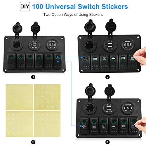 Waterwich 6 Gang Marine Toggle Rocker Switch Panel Waterproof With Digital Voltmeter 3.1A Dual Usb Charger Cigarette Lighter Socket For Rv Car Boat Vehicles Truck Trailer Yacht (6 Gang Green) #TOP5