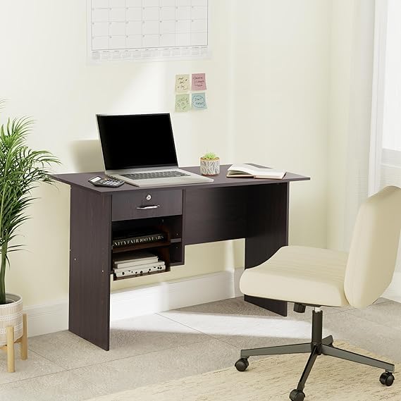 Image of Lakdi The Furniture Home & Office Computer Desk - Writing Workstation with Secure Locking Drawer and 2-Tier Open Storage Shelves - Dark Brown Espresso Wood Finish- 121534326