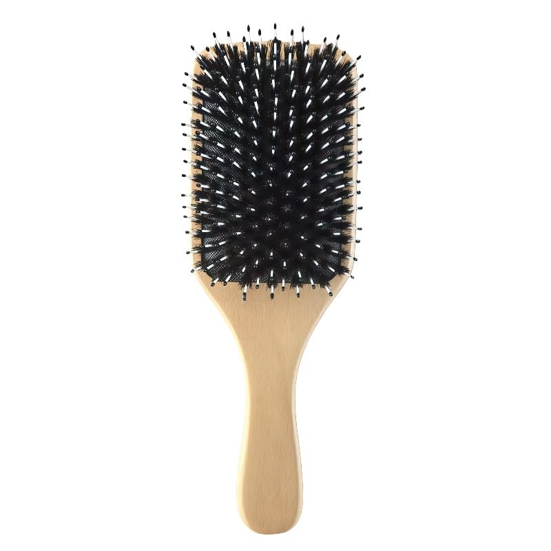 猪毛エアクッションヘアブラシ、木製ハンドル、スクエア型、頭皮マッサージ用パドルブラシ