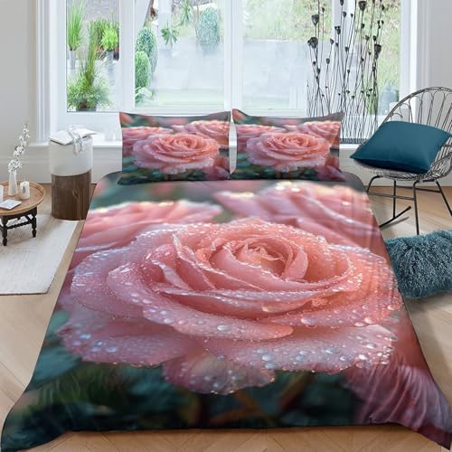 Linge de lit de qualité supérieure microfibre effet soie imprimé floral rose 3D - 2
