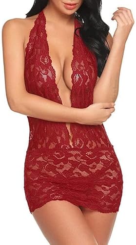 VicSec Sexy Babydoll aus Spitze für Damen transparent Netz-Nachthemd tiefer V-Ausschnitt Chemise Minikleid Neckholder Overall mit Tanga für Pyjama Nachtwäsche Hochzeit Weihnachten (Burgunderrot, S-M)