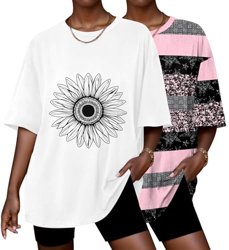 Image of Ekouaer 2 Pack Womens Tops Short Sleeve Oversized T Shirts Summer Spring Tops 2025 Basic Casual Tee Top S-XXL