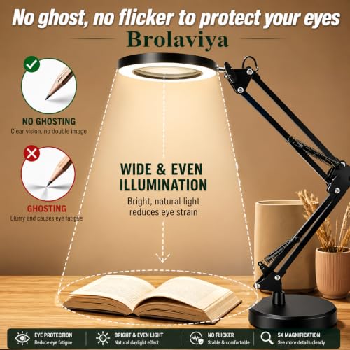 Image of BROLAVIYA Overhead Heavy Base 5X Magnifying Glass with Led Light and Stand, 3 Color Modes Dimmable, Flexible Metal Arm, Magnifier Desk Lamp for Crafts, Makeup, Reading, Photography - Black
