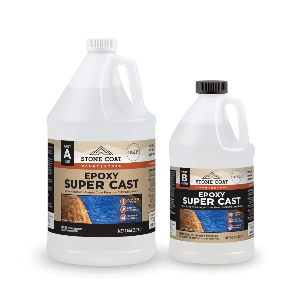 Super Cast Epoxy Casting Resin Kit 1.5 Gal (1 Gal Part A + 0.5 Gal Part B) For Deep Pour Epoxy Projects Such as Coffee and Wood River Tables, Other DIY Crafts, Filling Large Voids Up to 2" Pour
