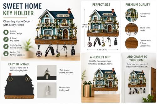 Image of Sweet Home Key Holder for Wall with 6 Hooks | Wooden House Shape Key Stand | Decorative Wall Mounted Key Hanger for Home Entrance, Living Room, Office & Gifts (25 x 25 cm)