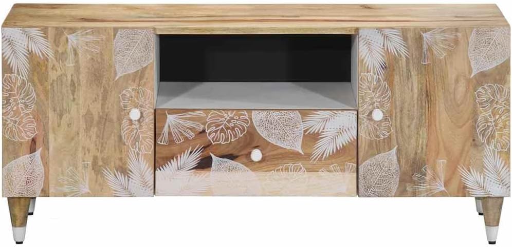 Fronte view of the assembled vidaXL TV cabinet with two doors and one central drawer, featuring a natural mango wood finish with white leaf patterns.